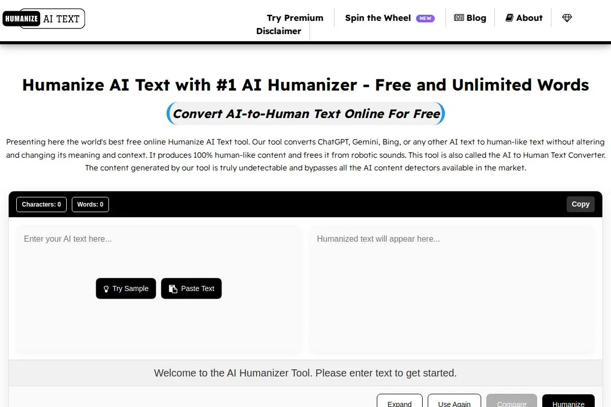 Humanize AI Text官网首页截图