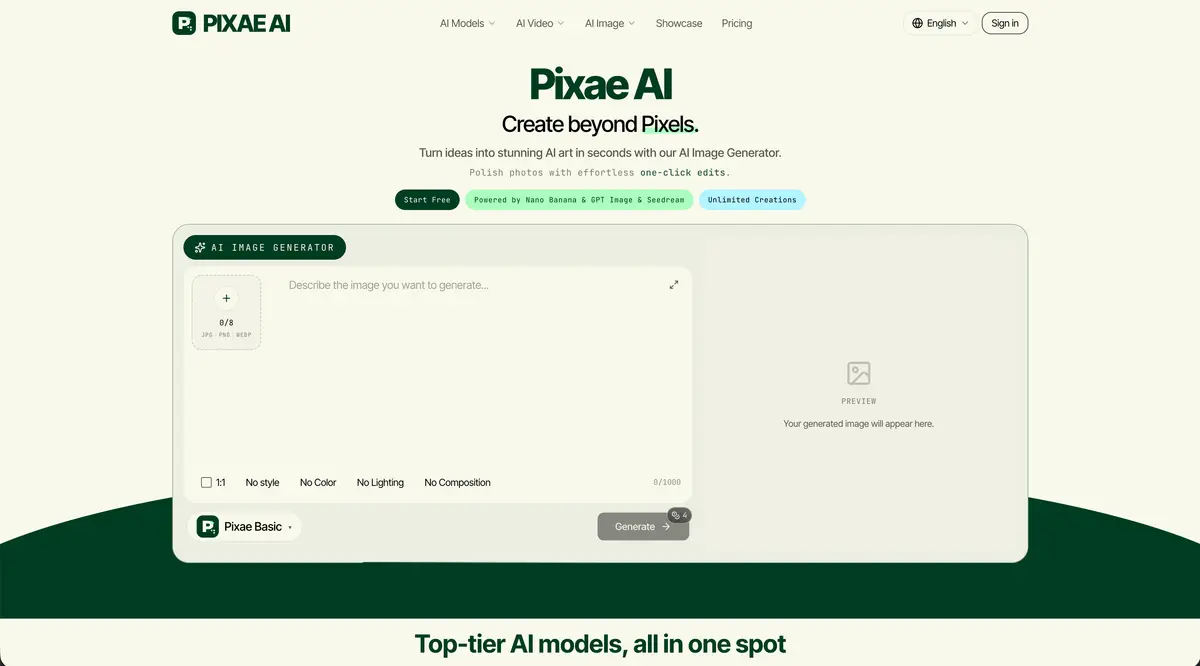 Pixae AI官网首页截图