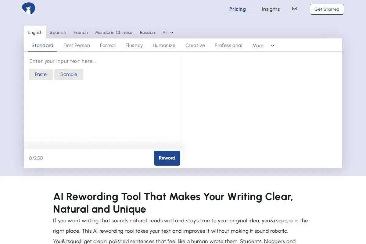 Rewording Tool官网首页截图