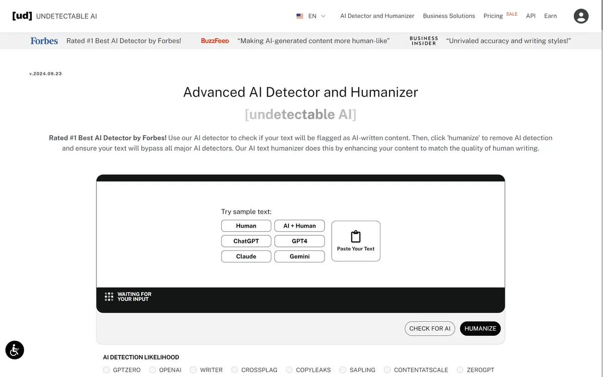 Undetectable AI官网首页截图